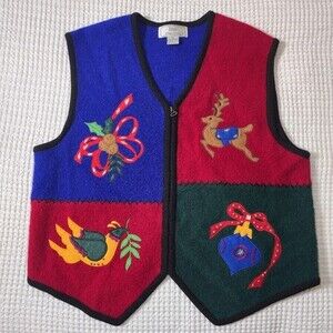 Vintage Christmas Boiled Wool Vest XL Lisa International Zip Front Holiday